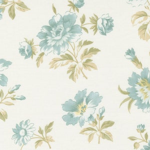 May include: A white background with a repeating pattern of blue and green floral designs. The flowers are stylized and have a vintage look.