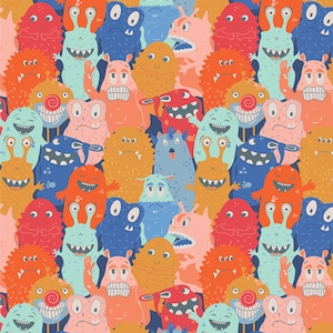 May include: A colorful pattern of cartoon monsters with different expressions and colors. The monsters are all different shapes and sizes, and they are arranged in a random pattern. The background is a dark blue color.