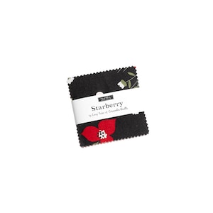 May include: A black fabric square with a red flower design and a white label that reads "Starberry by Corey Yoder of Coriander Quilts".