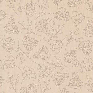 May include: A seamless pattern featuring delicate line drawings of stylized flowers and leaves on a beige background.