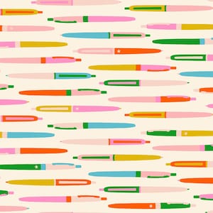 May include: A pattern of colorful pens in various shades of pink, blue, green, yellow, and orange. The pens are arranged randomly on a cream-colored background. The pens have a classic design with a clip and a cap.