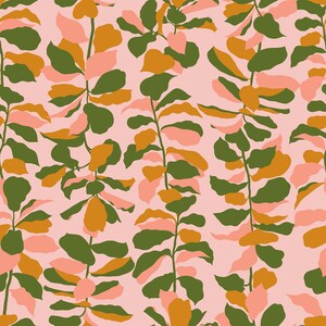 May include: A repeating pattern of stylized plant stems and leaves in shades of green, peach, and gold against a soft pink background. The design features overlapping leaf shapes, creating a layered effect. The overall aesthetic is modern and botanical.