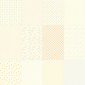 May include: A patchwork of fabric swatches in various patterns. The patterns include small dots, floral designs, and geometric shapes, all in soft pastel colors like cream, yellow, and blue. The overall aesthetic is delicate and vintage.