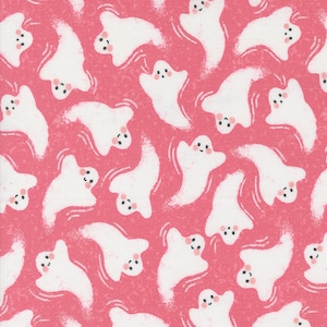 May include: A pink fabric with a white repeating pattern of ghosts. The ghosts have a simple, cartoon-like design with two black eyes and a small pink blush on each cheek.