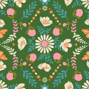 May include: A seamless pattern featuring a green background with white, pink, and orange flowers, leaves, and butterflies. The pattern is perfect for fabric, wallpaper, or other decorative projects.