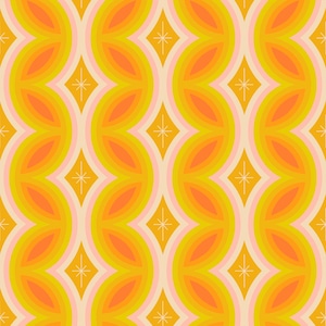 May include: Retro-style repeating pattern with a wavy, layered design in shades of orange, yellow, and pink. The pattern features diamond-shaped accents with starburst details, creating a vibrant and eye-catching visual.