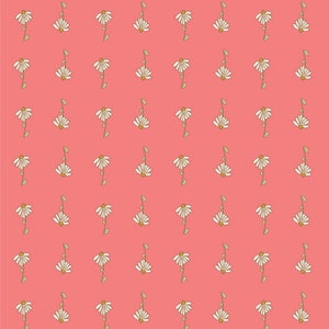 May include: A seamless pattern featuring white flowers with yellow centers on a pink background. The flowers are arranged in a repeating pattern, creating a delicate and feminine design.