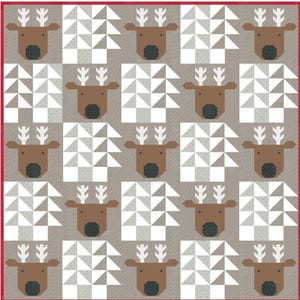 May include: A brown and white quilt with a repeating pattern of reindeer faces and geometric shapes. The quilt has a red border.