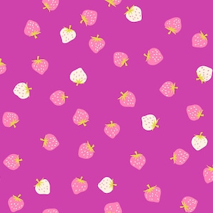 May include: A vibrant, repeating pattern of pink and white strawberries with yellow stems on a magenta background. The strawberries are scattered across the surface, creating a playful and cheerful design, suitable for fabric or wallpaper.
