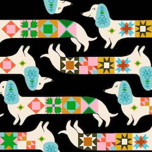 May include: A repeating pattern on a black background featuring cream-colored dachshunds. Each dog has light blue ears and a body decorated with a series of colorful geometric quilt-style squares in shades of pink, green, orange, and yellow.