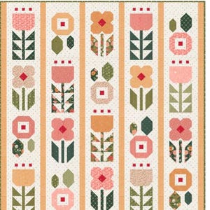 May include: A quilt featuring vertical panels with a repeating floral pattern. The design includes stylized flowers in shades of pink, orange, and green on a cream background with small dots. The panels are separated by solid orange vertical stripes.