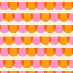 May include: A seamless pattern featuring alternating rows of orange and pink half-circles. The background is a light cream color.