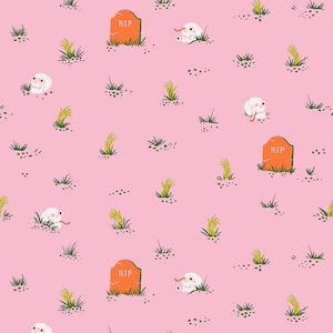 May include: A pink background with a repeating pattern of skulls, tombstones, and grass. The tombstones are orange and say "RIP" on them. The skulls are white with black eye sockets and a worm coming out of the mouth.