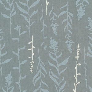 May include: A seamless pattern featuring a repeating design of stylized blue and white floral sprigs on a gray background.
