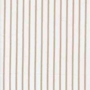 May include: A close-up of a fabric with a repeating pattern of vertical stripes. The stripes alternate between a creamy white and a light brown color. The fabric appears to be a woven material, possibly cotton or linen, with a slightly textured surface.