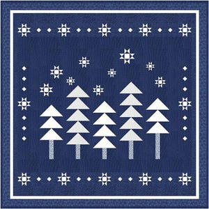 May include: A blue and white quilt with a winter scene. The quilt features a row of white trees with a white star pattern on a dark blue background. The border of the quilt is white with a repeating pattern of white stars and diamonds.