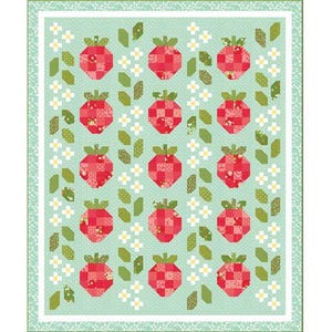 May include: A rectangular quilt featuring a repeating pattern of red patchwork strawberries on a light mint green background. The design includes vertical rows of small white flowers and green leaves, all framed by a decorative green border.