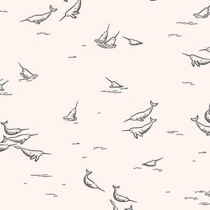 May include: A repeating pattern of narwhals in a light beige background. The narwhals are depicted in a simple black line drawing, with their distinctive tusks and bodies. The design suggests a nautical or marine theme.