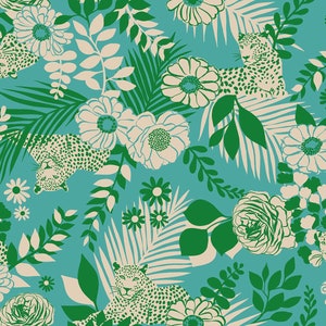 May include: A teal blue background with a repeating pattern of green leaves, white flowers, and leopard print animals. The pattern is stylized and has a vintage feel.