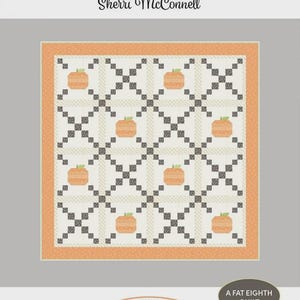 May include: A quilting pattern design featuring a repeating pattern of orange pumpkins with green stems, set against a cream background with black and gray squares. The design is framed with an orange border and includes the text "Pumpkin Patch".