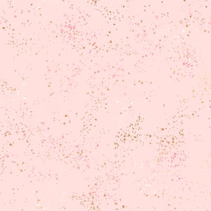 May include: A seamless pattern with a pink background and a scattered design of small white, pink, and gold dots.