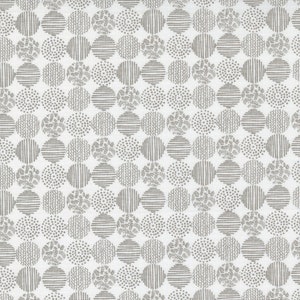 May include: A white fabric with a repeating pattern of gray circles. Each circle has a different design, including dots, stripes, and floral patterns.