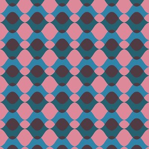 May include: A repeating pattern of wavy lines and oval shapes in shades of pink, teal, and dark brown. The design is symmetrical, with the colors alternating in a rhythmic fashion, creating a visually appealing abstract design.