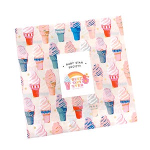 May include: A square fabric with a repeating pattern of colorful ice cream cones in pink, blue, and red on a cream background. A white card with the text "BEST DAY EVER" and "RUBY STAR SOCIETY" is centered.