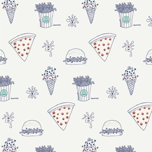 May include: A seamless pattern featuring various food items, including pizza slices, ice cream cones, burgers, and french fries. The pattern is drawn in a cartoon style with blue and red outlines on a white background.