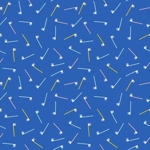 May include: A seamless pattern of toothbrushes in various colors, including blue, yellow, and pink, on a solid blue background.