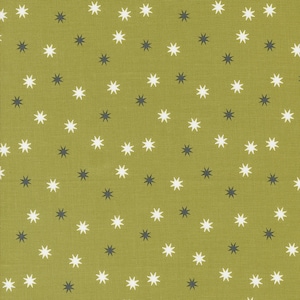 May include: A green fabric with a repeating pattern of white and dark gray stars.