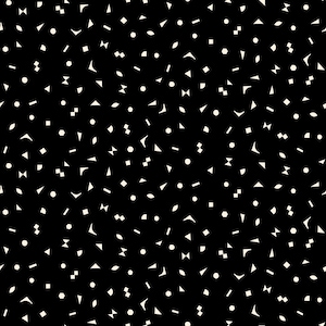 May include: A black and white seamless pattern with a variety of geometric shapes, including circles, squares, triangles, and diamonds.