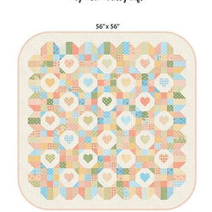 May include: A patchwork quilt with a heart pattern in pastel colors. The quilt measures 56 x 56 inches and features a variety of fabrics in shades of pink, blue, green, and yellow. The quilt is labeled "Sew Smitten."