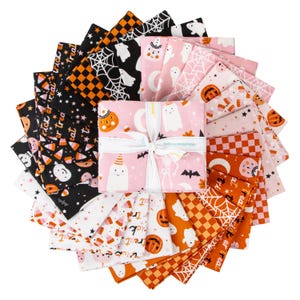 May include: A set of 18 pink, orange, and black fabric squares with Halloween-themed prints. The prints include ghosts, pumpkins, candy corn, bats, and spiderwebs. The fabric squares are arranged in a circle.
