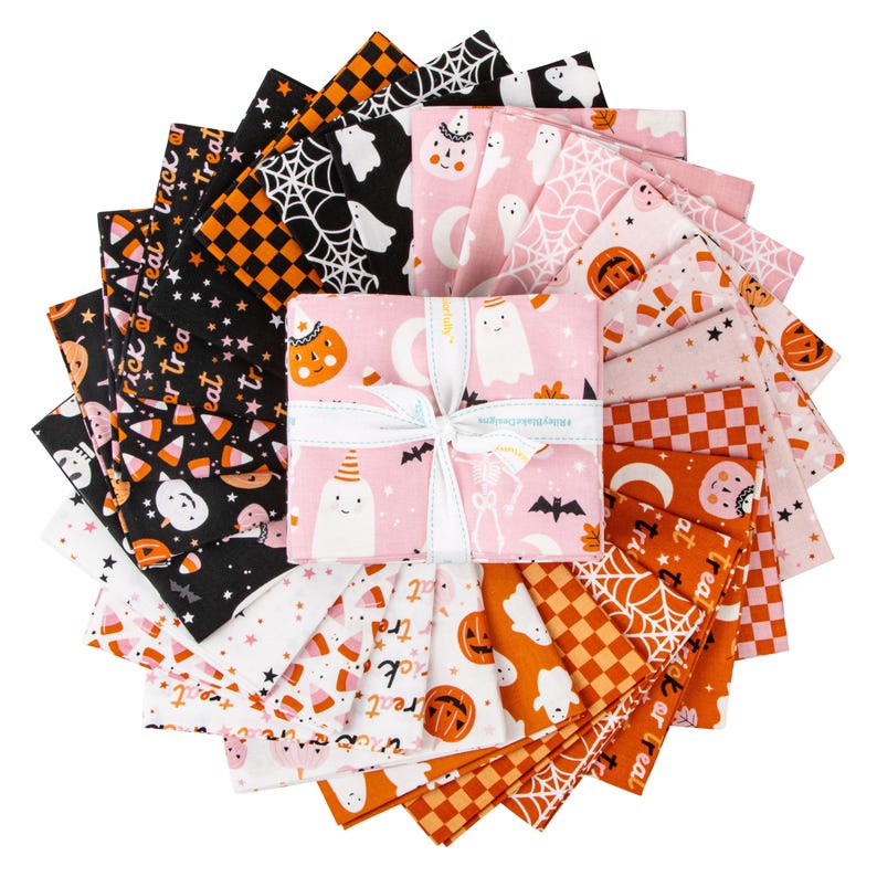 May include: A set of 18 pink, orange, and black fabric squares with Halloween-themed prints. The prints include ghosts, pumpkins, candy corn, bats, and spiderwebs. The fabric squares are arranged in a circle.
