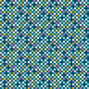 May include: A repeating pattern of small, colorful squares. The squares are arranged in a grid-like fashion, with a dark teal background. The squares are in shades of pink, yellow, white, and light blue.