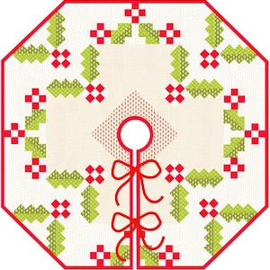 May include: White Christmas tree skirt with a red and green geometric pattern. The skirt has a red bow with a loop in the center.