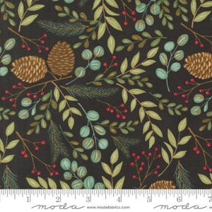 May include: Dark fabric with a repeating pattern of pinecones, leaves, and berries. The design features brown pinecones, green and light green leaves, and red berries on a black background. The fabric is suitable for various craft projects.