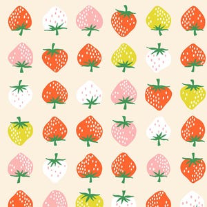 May include: A seamless pattern featuring a variety of stylized strawberries in shades of red, pink, yellow, and white. The strawberries are arranged in rows against a light beige background.