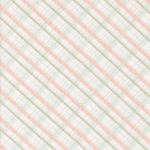 May include: White fabric with a diagonal pattern of thin pink and green stripes. The stripes are made of small, repeating squares.