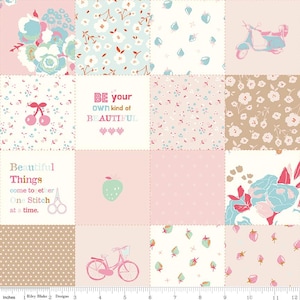 May include: A patchwork fabric panel featuring sixteen squares with pink, white, and light blue patterns including floral motifs, cherries, strawberries, a scooter, a bicycle, and text reading BE your own kind of BEAUTIFUL and Beautiful Things come together One Stitch at a time. A 12-inch ruler is visible at the bottom.