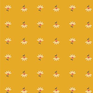 May include: A seamless pattern featuring a repeating design of small, stylized yellow flowers with pink centers on a solid yellow background.