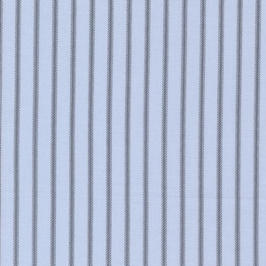 May include: A close-up of a light blue fabric with vertical gray stripes. The stripes are evenly spaced and run the length of the fabric. The fabric has a slightly textured appearance, suggesting a woven material.