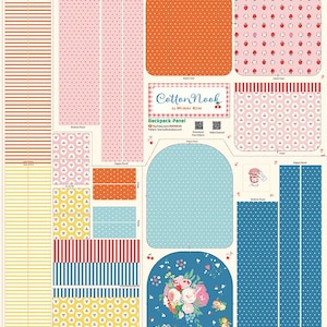 May include: A fabric panel for a backpack project titled Cotton Nook by Minki Kim, featuring various printed shapes including orange, blue, and pink polka dots, floral patterns, and stripes, with a visible 9-inch ruler along the bottom edge.