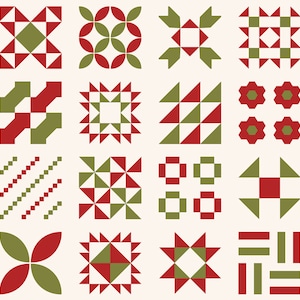 May include: A collection of 24 red and green quilt block patterns. Each block is a different geometric design.