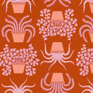 May include: A repeating pattern featuring stylized potted plants in a terracotta color. The plants have pink, tentacle-like leaves and are set against a warm orange background. The pots are a lighter shade of terracotta.
