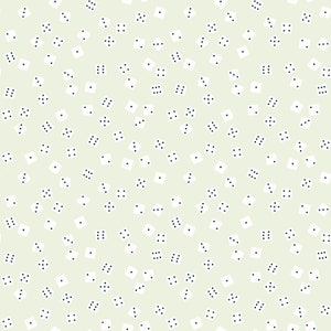 May include: A seamless pattern of white dice with black dots on a light green background.