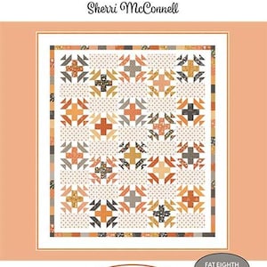 May include: A quilt pattern titled "Crossroads" by Sherri McConnell. The quilt design features a repeating pattern of cross-shaped blocks in shades of orange, brown, gray, and cream. The image includes the text "a Quilting Life Designs" and "Fat Eighth Friendly."