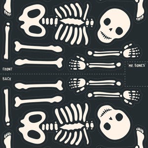 May include: A printable Halloween craft activity featuring a skeleton with the words "Mr. Bones" on the page. The skeleton is made up of individual pieces that can be cut out and assembled.