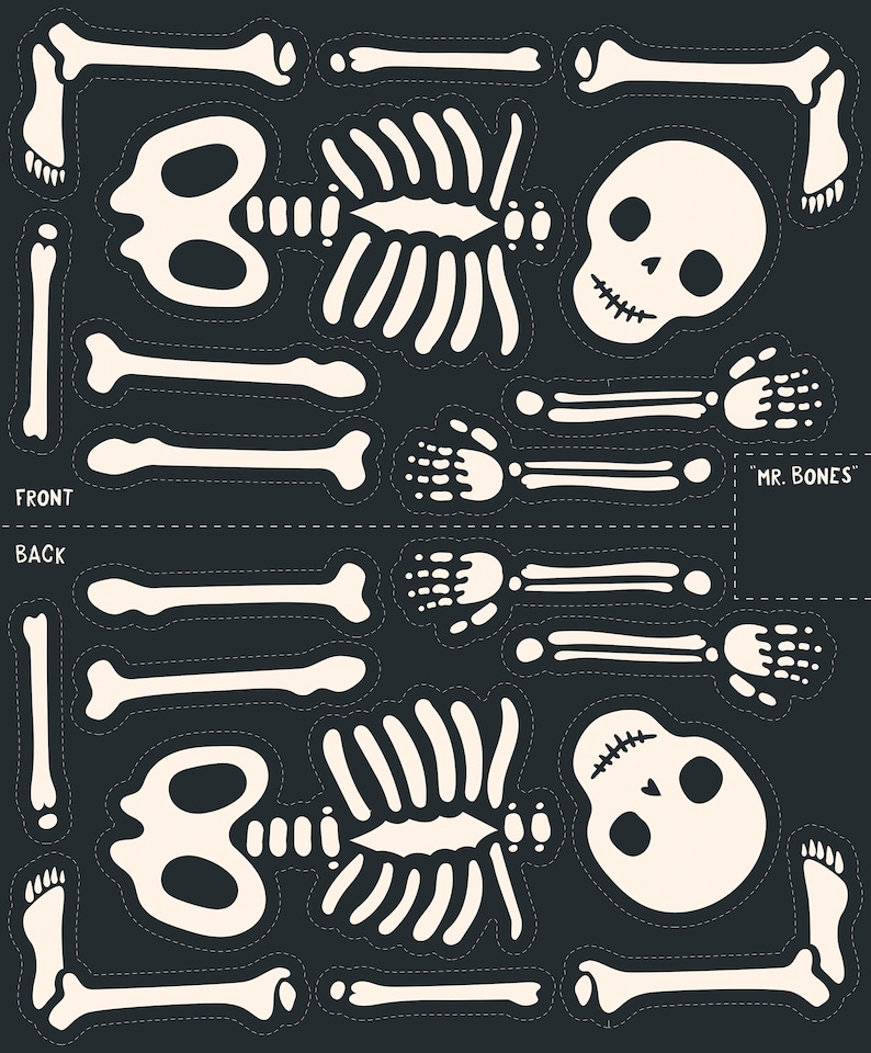 May include: A printable Halloween craft activity featuring a skeleton with the words "Mr. Bones" on the page. The skeleton is made up of individual pieces that can be cut out and assembled.